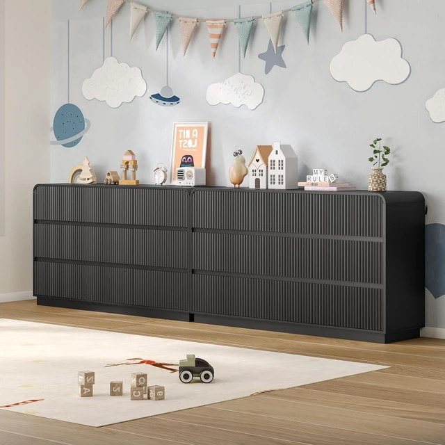 Alt view image 6 of 7 - Dresser for Bedroom with 9 Drawers, Fluted Chest of Drawers with Round Curved Corner, Hidden Handles, Modern Wood Storage Organizer for Bedroom, Nursery, Living Room