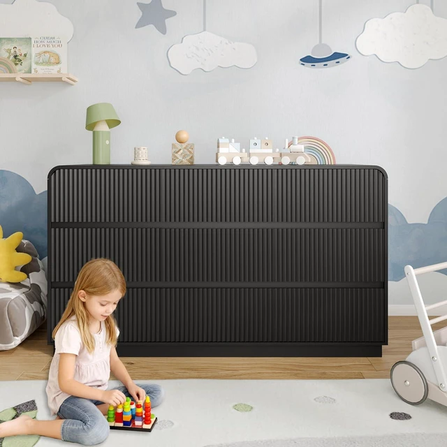 Alt view image 7 of 7 - Dresser for Bedroom with 9 Drawers, Fluted Chest of Drawers with Round Curved Corner, Hidden Handles, Modern Wood Storage Organizer for Bedroom, Nursery, Living Room