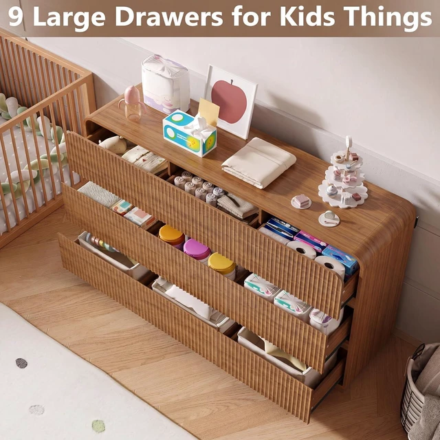 Alt view image 3 of 7 - Dresser for Bedroom with 9 Drawers, Fluted Chest of Drawers with Round Curved Corner, Hidden Handles, Modern Wood Storage Organizer for Bedroom, Nursery, Living Room