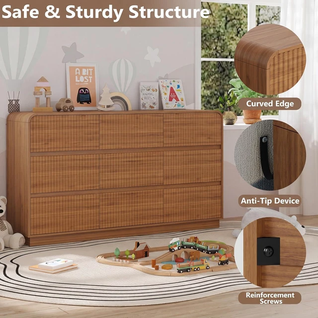 Alt view image 4 of 7 - Dresser for Bedroom with 9 Drawers, Fluted Chest of Drawers with Round Curved Corner, Hidden Handles, Modern Wood Storage Organizer for Bedroom, Nursery, Living Room