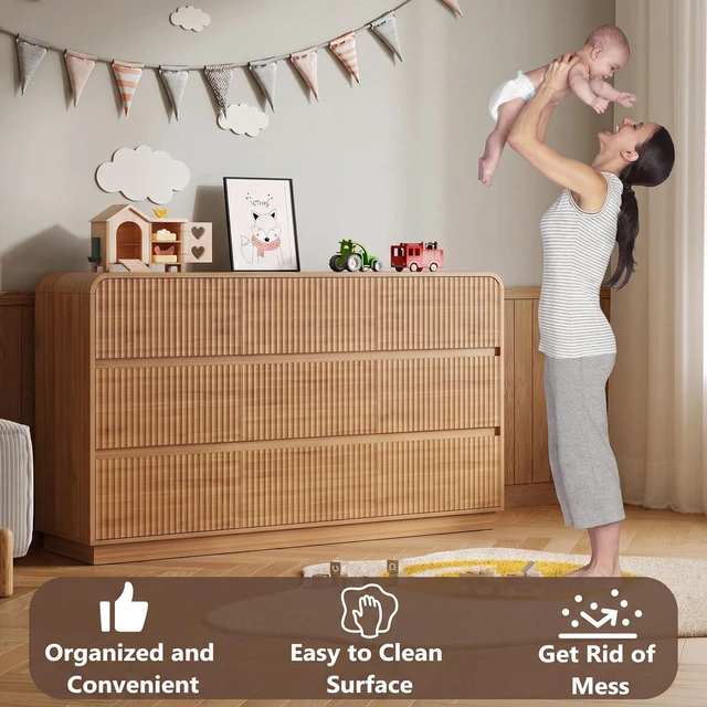 Alt view image 5 of 7 - Dresser for Bedroom with 9 Drawers, Fluted Chest of Drawers with Round Curved Corner, Hidden Handles, Modern Wood Storage Organizer for Bedroom, Nursery, Living Room