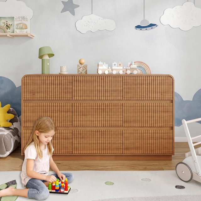 Alt view image 7 of 7 - Dresser for Bedroom with 9 Drawers, Fluted Chest of Drawers with Round Curved Corner, Hidden Handles, Modern Wood Storage Organizer for Bedroom, Nursery, Living Room