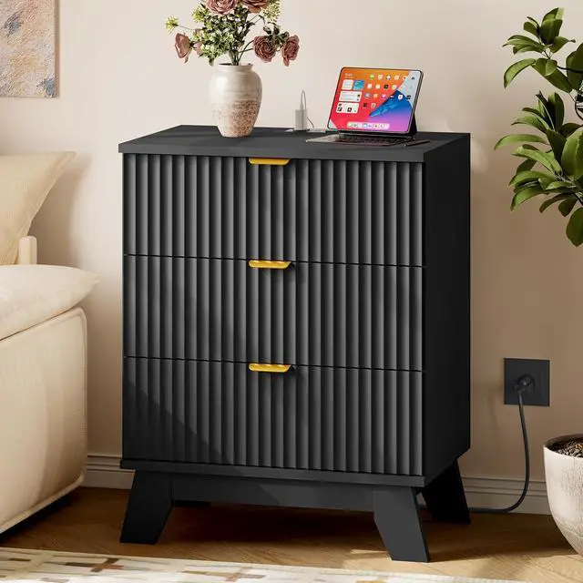 Main image of 30.5" Nightstand with Charging Station, 3-Drawer Fluted Bedroom Chest, Wood Bedside Dresser with Power Outlets and USB Ports, Metal Slides, Stable Base, Modern Storage Cabinet for Small Spaces