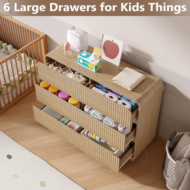 Alt view image 3 of 7 - Dresser for Bedroom with 6 Drawers, Fluted Chest of Drawers with Round Curved Corner, Hidden Handles, Modern Wood Storage Organizer for Bedroom, Nursery, Living Room