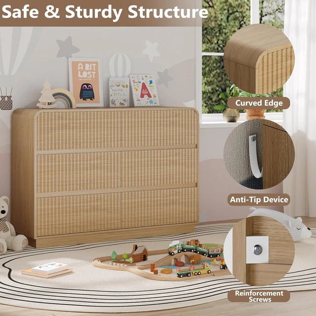 Alt view image 4 of 7 - Dresser for Bedroom with 6 Drawers, Fluted Chest of Drawers with Round Curved Corner, Hidden Handles, Modern Wood Storage Organizer for Bedroom, Nursery, Living Room