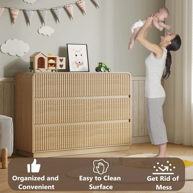 Alt view image 5 of 7 - Dresser for Bedroom with 6 Drawers, Fluted Chest of Drawers with Round Curved Corner, Hidden Handles, Modern Wood Storage Organizer for Bedroom, Nursery, Living Room