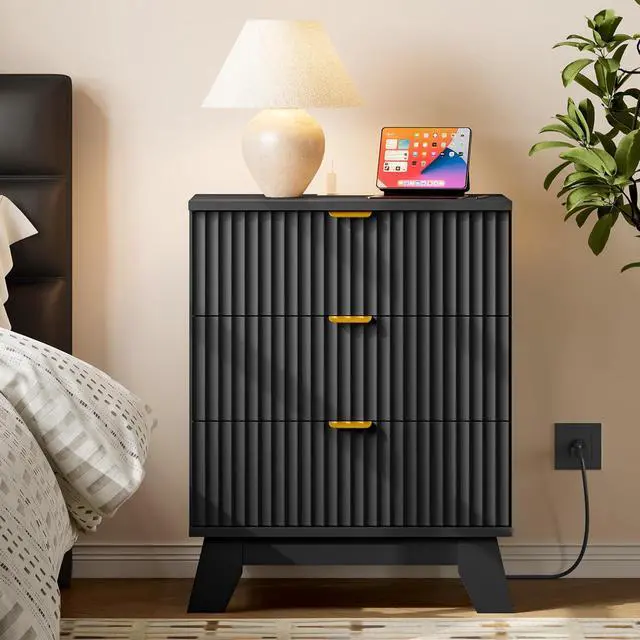 Alt view image 3 of 7 - 30.5" Nightstand with Charging Station, 3-Drawer Fluted Bedroom Chest, Wood Bedside Dresser with Power Outlets and USB Ports, Metal Slides, Stable Base, Modern Storage Cabinet for Small Spaces