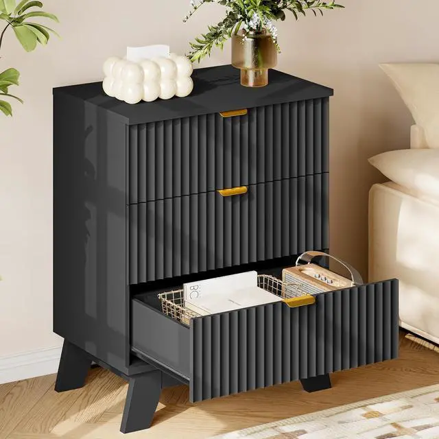 Alt view image 4 of 7 - 30.5" Nightstand with Charging Station, 3-Drawer Fluted Bedroom Chest, Wood Bedside Dresser with Power Outlets and USB Ports, Metal Slides, Stable Base, Modern Storage Cabinet for Small Spaces