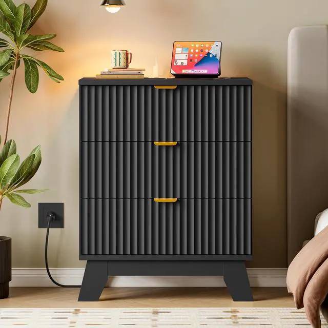 Alt view image 7 of 7 - 30.5" Nightstand with Charging Station, 3-Drawer Fluted Bedroom Chest, Wood Bedside Dresser with Power Outlets and USB Ports, Metal Slides, Stable Base, Modern Storage Cabinet for Small Spaces
