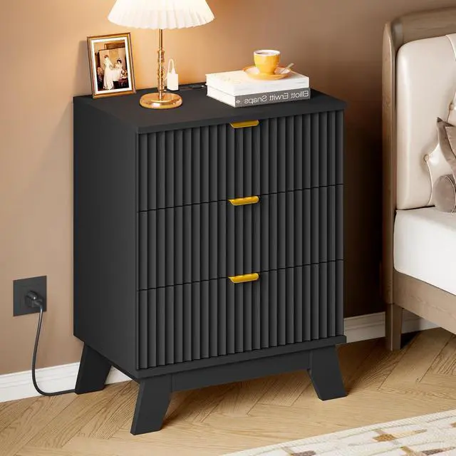 Alt view image 6 of 7 - 30.5" Nightstand with Charging Station, 3-Drawer Fluted Bedroom Chest, Wood Bedside Dresser with Power Outlets and USB Ports, Metal Slides, Stable Base, Modern Storage Cabinet for Small Spaces
