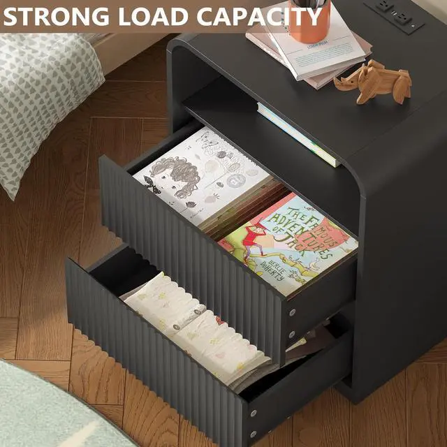 Alt view image 3 of 7 - Dresser with 2 Drawers and Charging Station, Fluted Bedside Table with Round Curved Corner, Hidden Handles, 2 AC Outlets and 2 USB Ports, Modern Wood End Table with Open Shelf for Bedroom