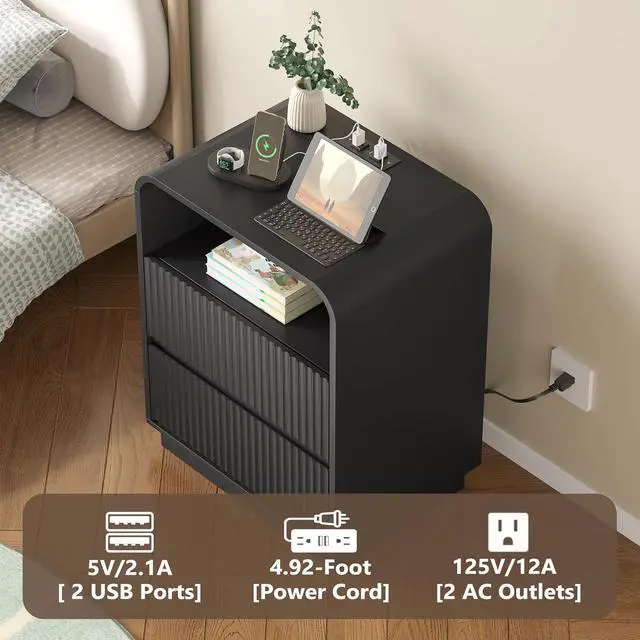 Alt view image 4 of 7 - Dresser with 2 Drawers and Charging Station, Fluted Bedside Table with Round Curved Corner, Hidden Handles, 2 AC Outlets and 2 USB Ports, Modern Wood End Table with Open Shelf for Bedroom