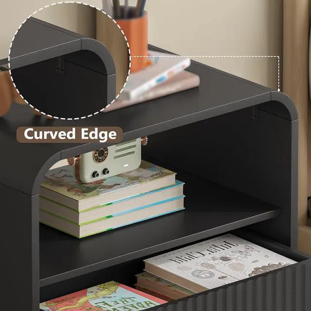 Alt view image 5 of 7 - Dresser with 2 Drawers and Charging Station, Fluted Bedside Table with Round Curved Corner, Hidden Handles, 2 AC Outlets and 2 USB Ports, Modern Wood End Table with Open Shelf for Bedroom