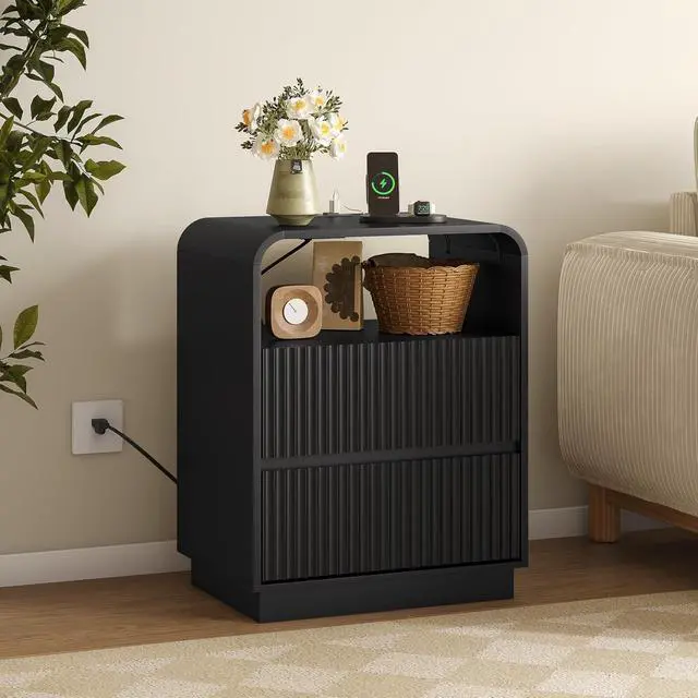 Alt view image 6 of 7 - Dresser with 2 Drawers and Charging Station, Fluted Bedside Table with Round Curved Corner, Hidden Handles, 2 AC Outlets and 2 USB Ports, Modern Wood End Table with Open Shelf for Bedroom