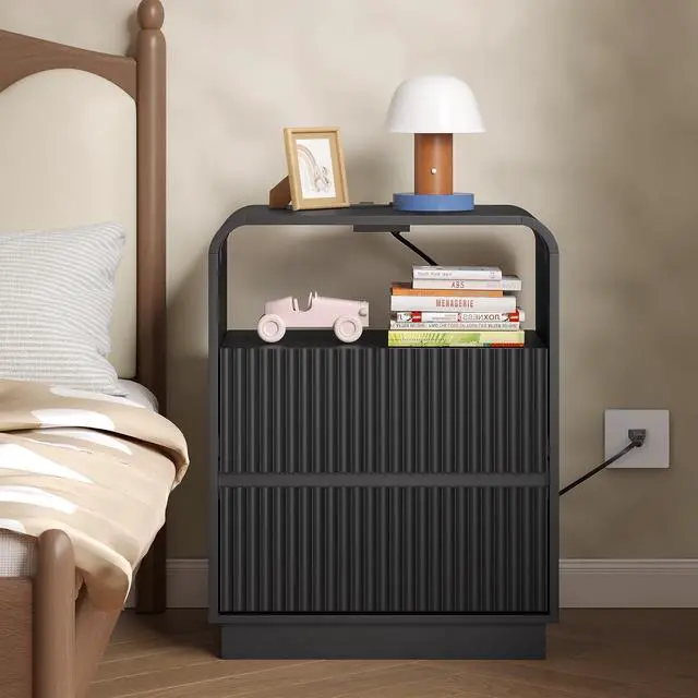 Alt view image 7 of 7 - Dresser with 2 Drawers and Charging Station, Fluted Bedside Table with Round Curved Corner, Hidden Handles, 2 AC Outlets and 2 USB Ports, Modern Wood End Table with Open Shelf for Bedroom
