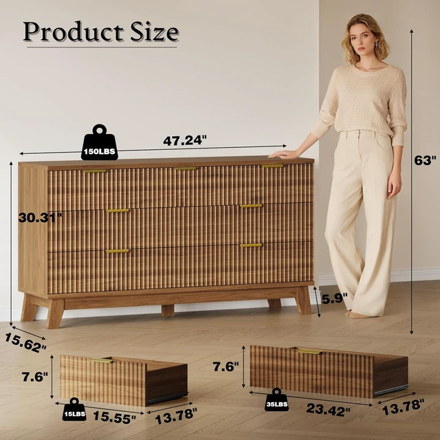 Alt view image 2 of 7 - Fluted 7 Drawer Dresser, 47.2" Wide Modern Boho Chest of Drawers, Wooden Storage Dresser TV Stand for Bedroom, Living Room, Closet, Hallway, Curved Profile Design