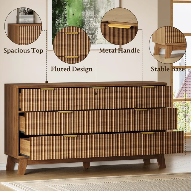 Alt view image 4 of 7 - Fluted 7 Drawer Dresser, 47.2" Wide Modern Boho Chest of Drawers, Wooden Storage Dresser TV Stand for Bedroom, Living Room, Closet, Hallway, Curved Profile Design