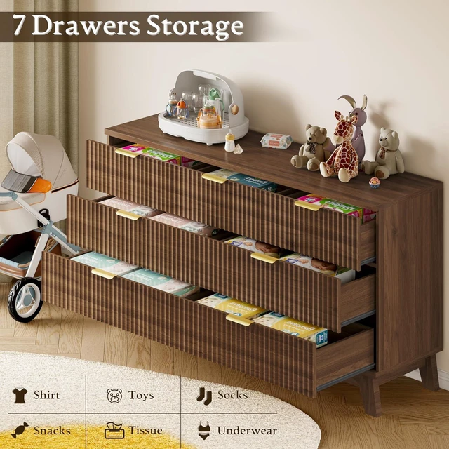 Alt view image 5 of 7 - Fluted 7 Drawer Dresser, 47.2" Wide Modern Boho Chest of Drawers, Wooden Storage Dresser TV Stand for Bedroom, Living Room, Closet, Hallway, Curved Profile Design