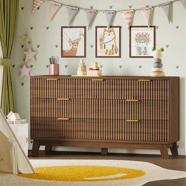 Alt view image 6 of 7 - Fluted 7 Drawer Dresser, 47.2" Wide Modern Boho Chest of Drawers, Wooden Storage Dresser TV Stand for Bedroom, Living Room, Closet, Hallway, Curved Profile Design