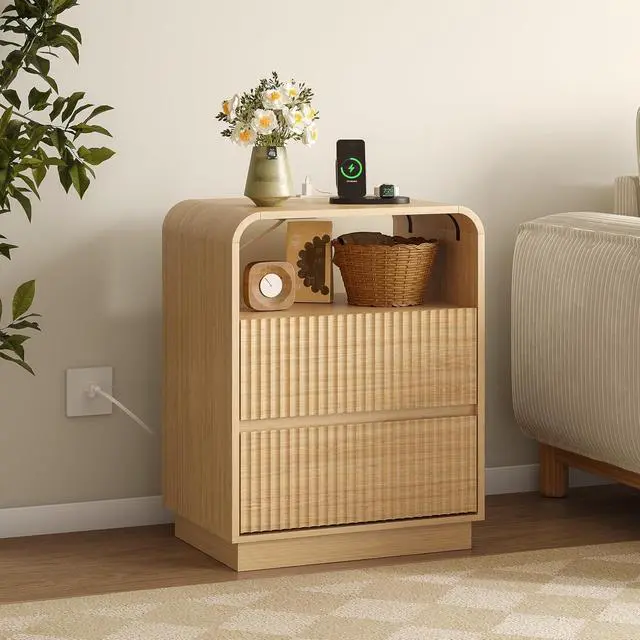 Alt view image 5 of 6 - Dresser with 2 Drawers and Charging Station, Fluted Bedside Table with Round Curved Corner, Hidden Handles, 2 AC Outlets and 2 USB Ports, Modern Wood End Table with Open Shelf for Bedroom