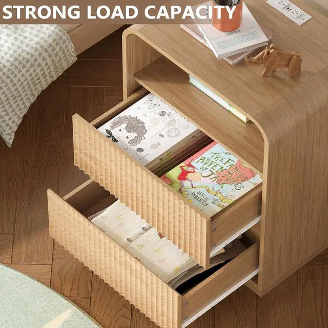 Alt view image 3 of 6 - Dresser with 2 Drawers and Charging Station, Fluted Bedside Table with Round Curved Corner, Hidden Handles, 2 AC Outlets and 2 USB Ports, Modern Wood End Table with Open Shelf for Bedroom