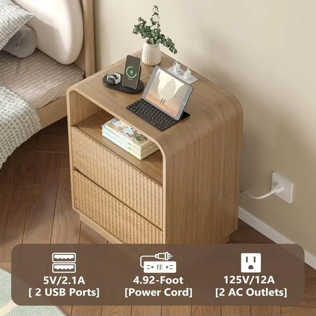 Alt view image 4 of 6 - Dresser with 2 Drawers and Charging Station, Fluted Bedside Table with Round Curved Corner, Hidden Handles, 2 AC Outlets and 2 USB Ports, Modern Wood End Table with Open Shelf for Bedroom