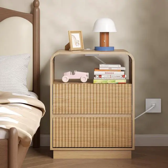 Alt view image 6 of 6 - Dresser with 2 Drawers and Charging Station, Fluted Bedside Table with Round Curved Corner, Hidden Handles, 2 AC Outlets and 2 USB Ports, Modern Wood End Table with Open Shelf for Bedroom