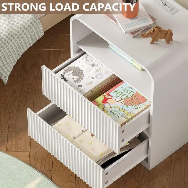 Alt view image 3 of 7 - Dresser with 2 Drawers and Charging Station, Fluted Bedside Table with Round Curved Corner, Hidden Handles, 2 AC Outlets and 2 USB Ports, Modern Wood End Table with Open Shelf for Bedroom