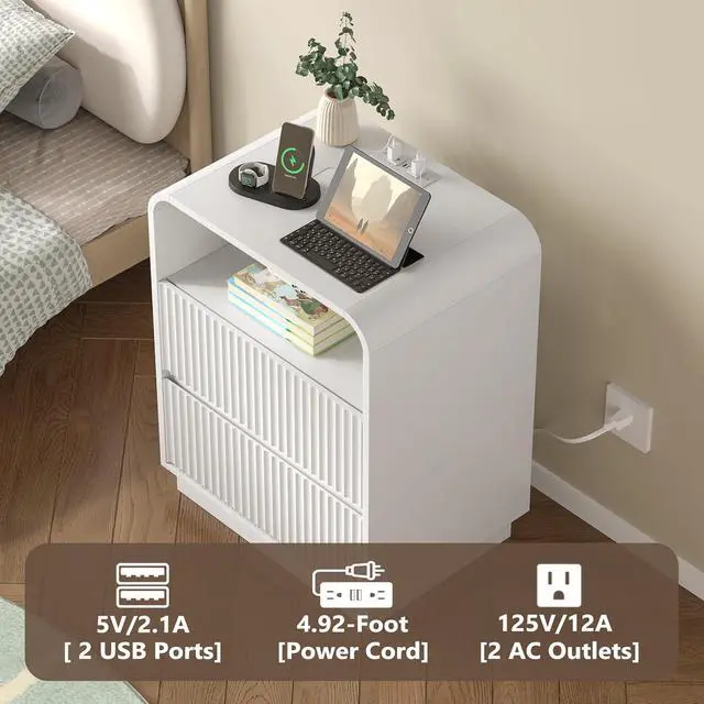 Alt view image 4 of 7 - Dresser with 2 Drawers and Charging Station, Fluted Bedside Table with Round Curved Corner, Hidden Handles, 2 AC Outlets and 2 USB Ports, Modern Wood End Table with Open Shelf for Bedroom