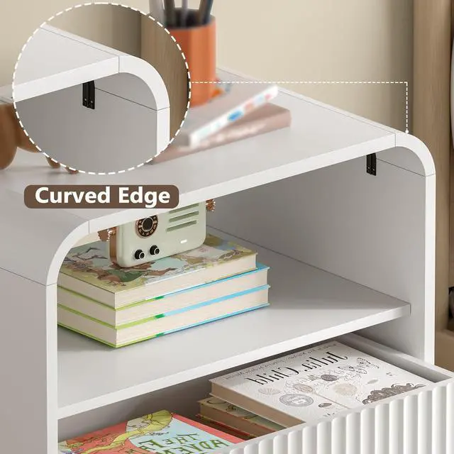 Alt view image 5 of 7 - Dresser with 2 Drawers and Charging Station, Fluted Bedside Table with Round Curved Corner, Hidden Handles, 2 AC Outlets and 2 USB Ports, Modern Wood End Table with Open Shelf for Bedroom