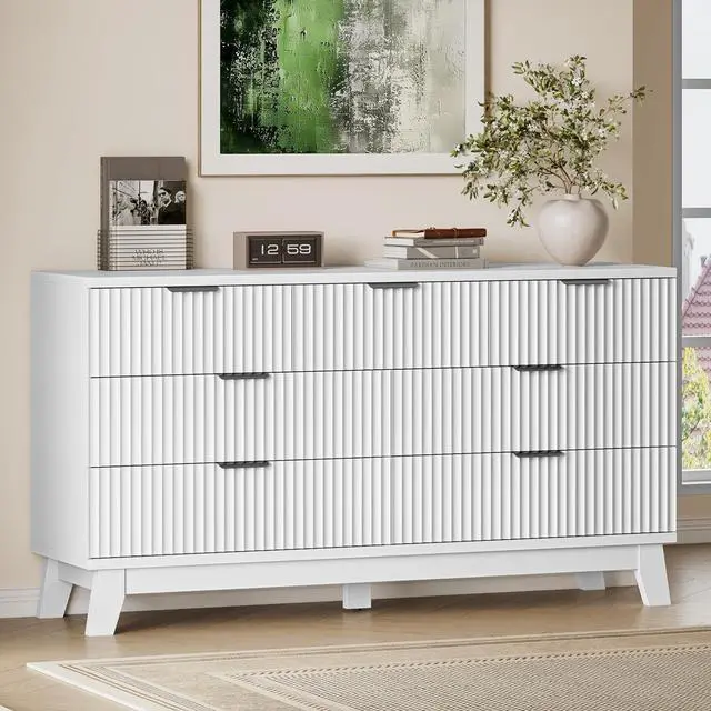 Main image of 57" Long Dresser for Bedroom, 7-Drawer Fluted Chest, Wide Wood Storage Dresser with Metal Slides and Handles, Stable Base, Modern Clothes Organizer for Primary Suite, Guest Room, Nursery