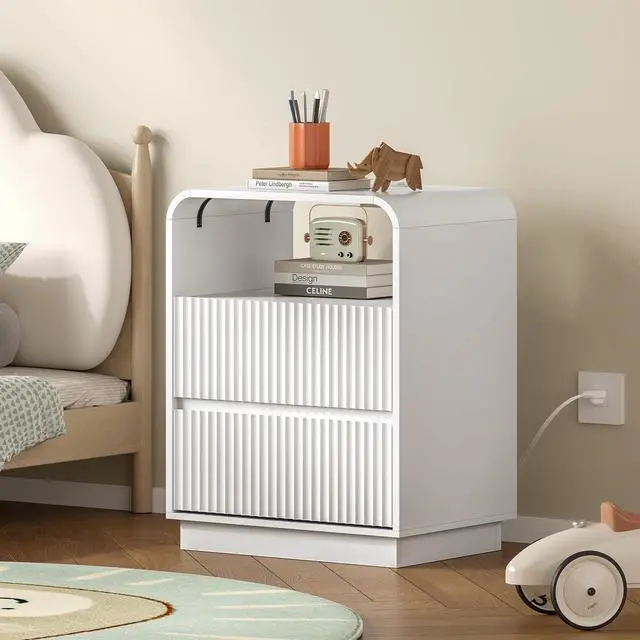 Main image of Dresser with 2 Drawers and Charging Station, Fluted Bedside Table with Round Curved Corner, Hidden Handles, 2 AC Outlets and 2 USB Ports, Modern Wood End Table with Open Shelf for Bedroom