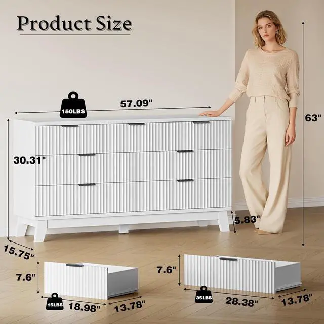 Alt view image 2 of 7 - 57" Long Dresser for Bedroom, 7-Drawer Fluted Chest, Wide Wood Storage Dresser with Metal Slides and Handles, Stable Base, Modern Clothes Organizer for Primary Suite, Guest Room, Nursery