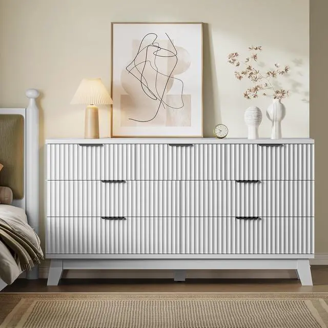 Alt view image 4 of 7 - 57" Long Dresser for Bedroom, 7-Drawer Fluted Chest, Wide Wood Storage Dresser with Metal Slides and Handles, Stable Base, Modern Clothes Organizer for Primary Suite, Guest Room, Nursery