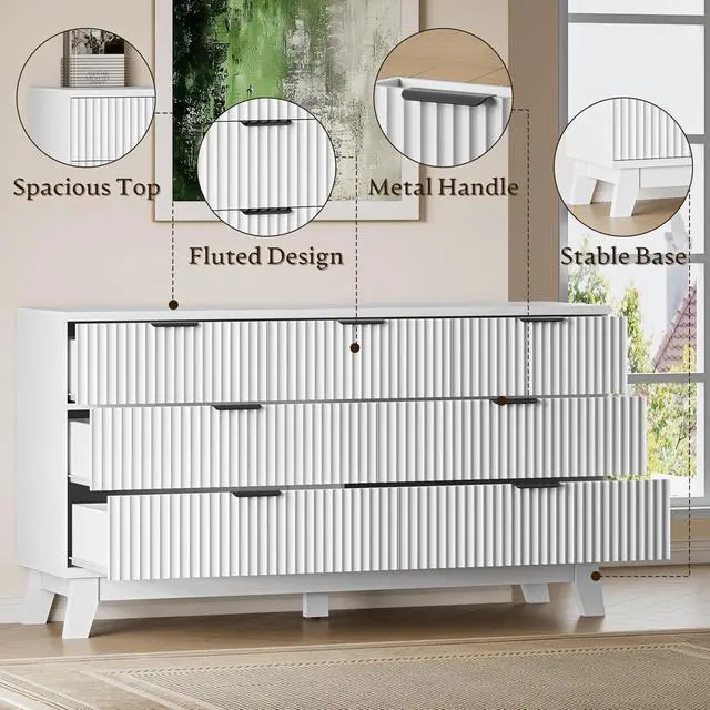 Alt view image 5 of 7 - 57" Long Dresser for Bedroom, 7-Drawer Fluted Chest, Wide Wood Storage Dresser with Metal Slides and Handles, Stable Base, Modern Clothes Organizer for Primary Suite, Guest Room, Nursery