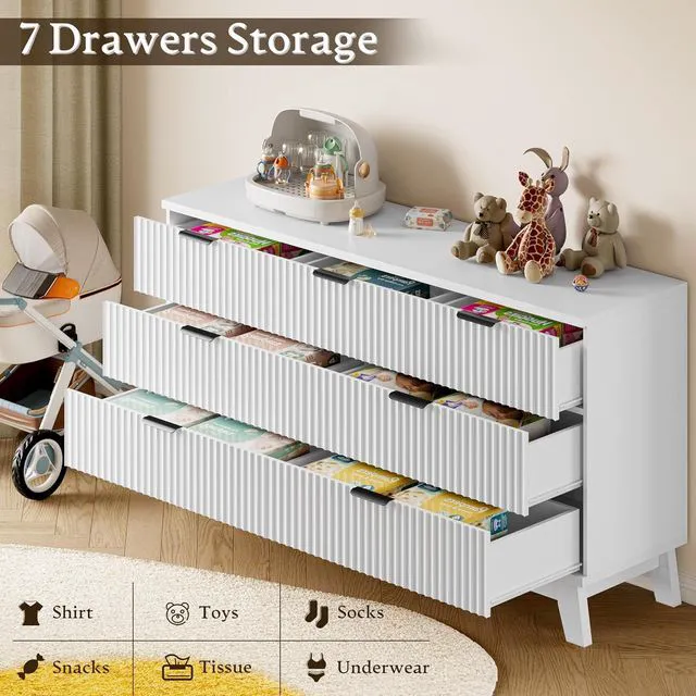 Alt view image 6 of 7 - 57" Long Dresser for Bedroom, 7-Drawer Fluted Chest, Wide Wood Storage Dresser with Metal Slides and Handles, Stable Base, Modern Clothes Organizer for Primary Suite, Guest Room, Nursery