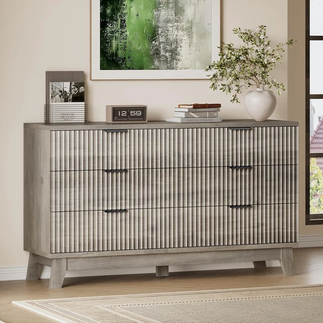 Main image of 53" Long Dresser for Bedroom, 6-Drawer Dresser with Fluted Fronts, Wide Wood Chest of Drawers, Smooth Metal Slides, Stable Base, Modern Clothes Storage Cabinet for Living Room, Hallway