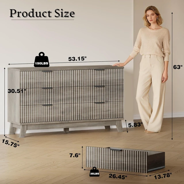 Alt view image 2 of 7 - 53" Long Dresser for Bedroom, 6-Drawer Dresser with Fluted Fronts, Wide Wood Chest of Drawers, Smooth Metal Slides, Stable Base, Modern Clothes Storage Cabinet for Living Room, Hallway