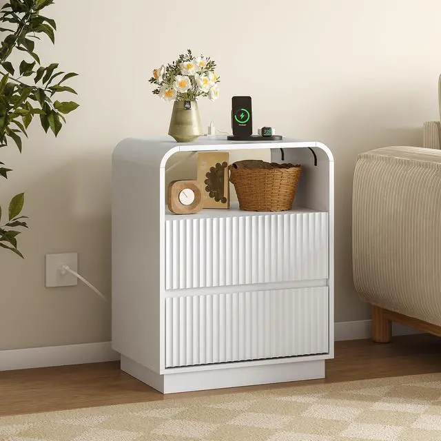Alt view image 6 of 7 - Dresser with 2 Drawers and Charging Station, Fluted Bedside Table with Round Curved Corner, Hidden Handles, 2 AC Outlets and 2 USB Ports, Modern Wood End Table with Open Shelf for Bedroom