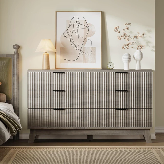 Alt view image 4 of 7 - 53" Long Dresser for Bedroom, 6-Drawer Dresser with Fluted Fronts, Wide Wood Chest of Drawers, Smooth Metal Slides, Stable Base, Modern Clothes Storage Cabinet for Living Room, Hallway