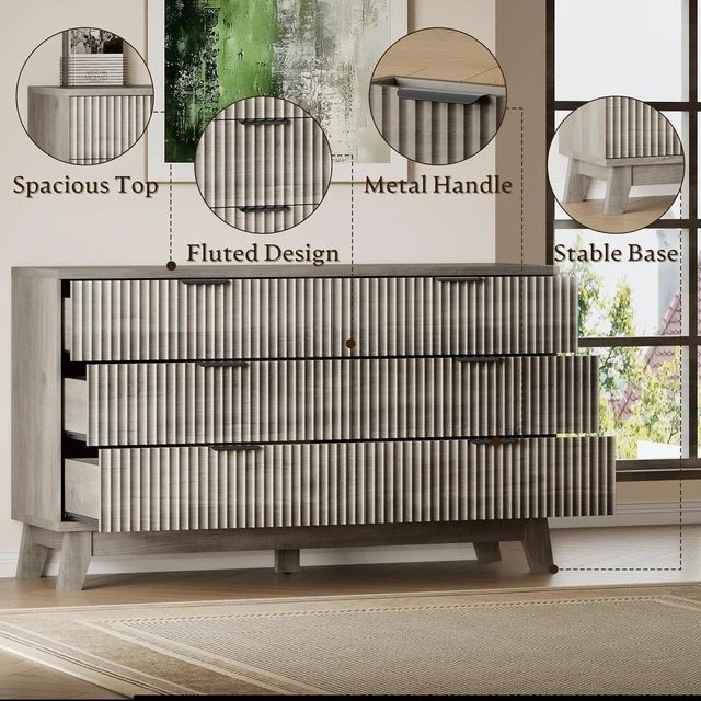 Alt view image 5 of 7 - 53" Long Dresser for Bedroom, 6-Drawer Dresser with Fluted Fronts, Wide Wood Chest of Drawers, Smooth Metal Slides, Stable Base, Modern Clothes Storage Cabinet for Living Room, Hallway
