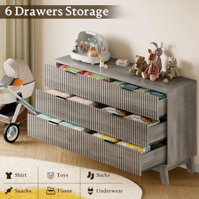 Alt view image 6 of 7 - 53" Long Dresser for Bedroom, 6-Drawer Dresser with Fluted Fronts, Wide Wood Chest of Drawers, Smooth Metal Slides, Stable Base, Modern Clothes Storage Cabinet for Living Room, Hallway