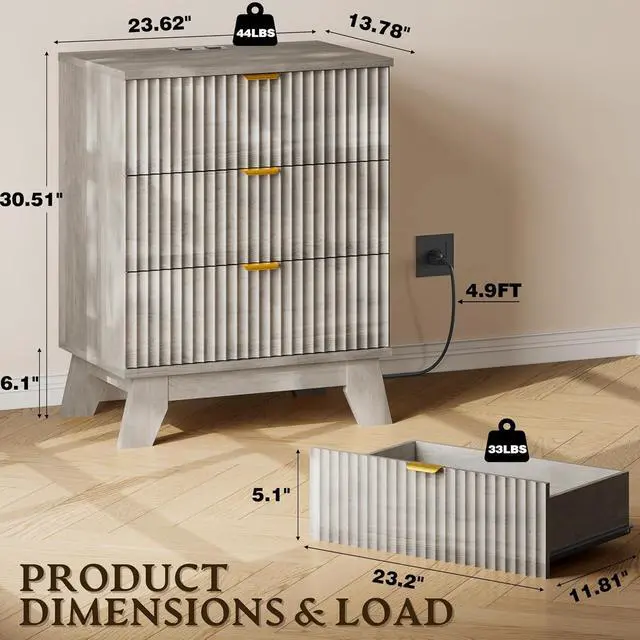 Alt view image 2 of 7 - 30.5" Nightstand with Charging Station, 3-Drawer Fluted Bedroom Chest, Wood Bedside Dresser with Power Outlets and USB Ports, Metal Slides, Stable Base, Modern Storage Cabinet for Small Spaces