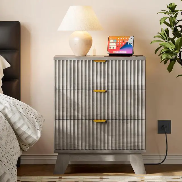 Alt view image 3 of 7 - 30.5" Nightstand with Charging Station, 3-Drawer Fluted Bedroom Chest, Wood Bedside Dresser with Power Outlets and USB Ports, Metal Slides, Stable Base, Modern Storage Cabinet for Small Spaces