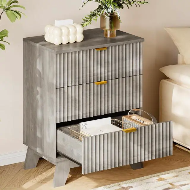 Alt view image 4 of 7 - 30.5" Nightstand with Charging Station, 3-Drawer Fluted Bedroom Chest, Wood Bedside Dresser with Power Outlets and USB Ports, Metal Slides, Stable Base, Modern Storage Cabinet for Small Spaces