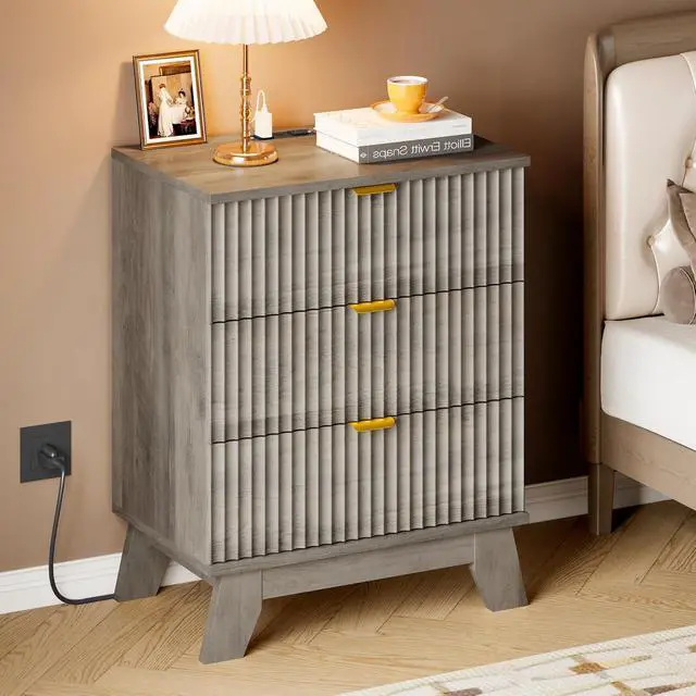 Alt view image 6 of 7 - 30.5" Nightstand with Charging Station, 3-Drawer Fluted Bedroom Chest, Wood Bedside Dresser with Power Outlets and USB Ports, Metal Slides, Stable Base, Modern Storage Cabinet for Small Spaces