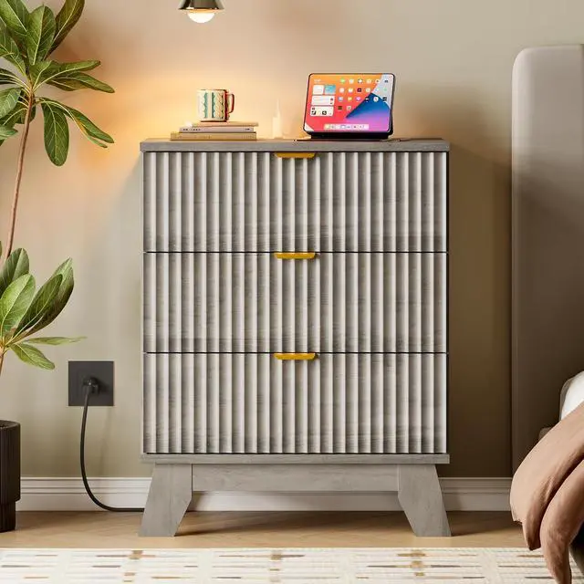 Alt view image 7 of 7 - 30.5" Nightstand with Charging Station, 3-Drawer Fluted Bedroom Chest, Wood Bedside Dresser with Power Outlets and USB Ports, Metal Slides, Stable Base, Modern Storage Cabinet for Small Spaces
