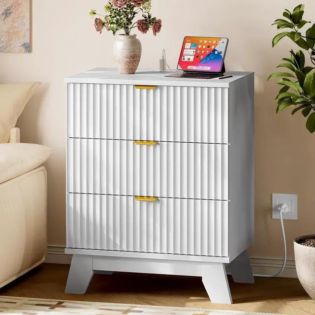 Main image of 30.5" Nightstand with Charging Station, 3-Drawer Fluted Bedroom Chest, Wood Bedside Dresser with Power Outlets and USB Ports, Metal Slides, Stable Base, Modern Storage Cabinet for Small Spaces