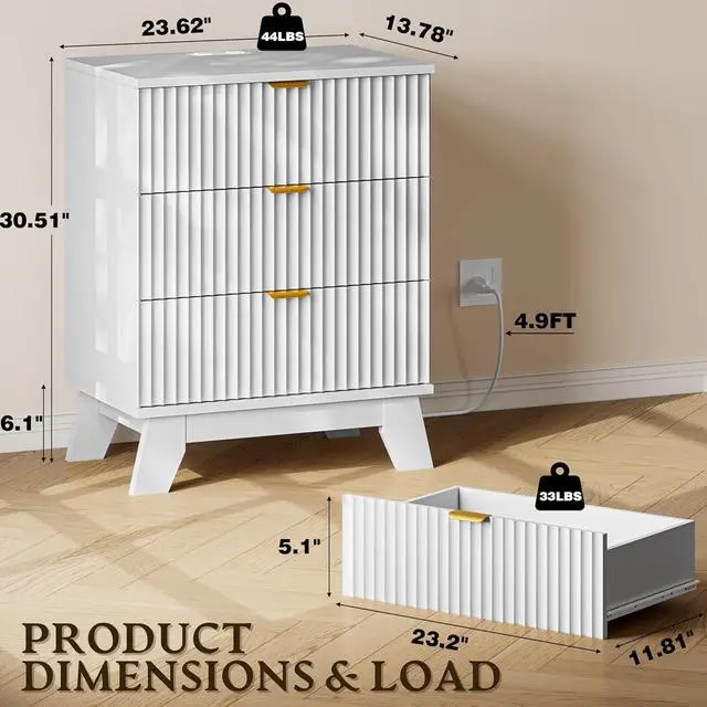 Alt view image 2 of 7 - 30.5" Nightstand with Charging Station, 3-Drawer Fluted Bedroom Chest, Wood Bedside Dresser with Power Outlets and USB Ports, Metal Slides, Stable Base, Modern Storage Cabinet for Small Spaces