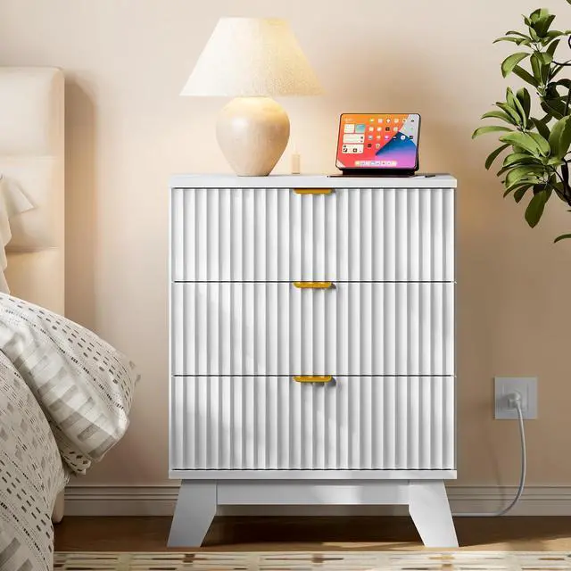 Alt view image 3 of 7 - 30.5" Nightstand with Charging Station, 3-Drawer Fluted Bedroom Chest, Wood Bedside Dresser with Power Outlets and USB Ports, Metal Slides, Stable Base, Modern Storage Cabinet for Small Spaces